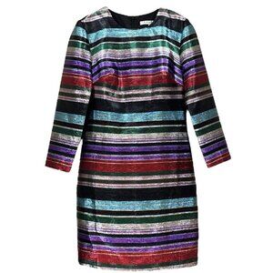 Trina Turk Metallic Striped Cocktail Evening Dress Multicolor Silver Red Size 0